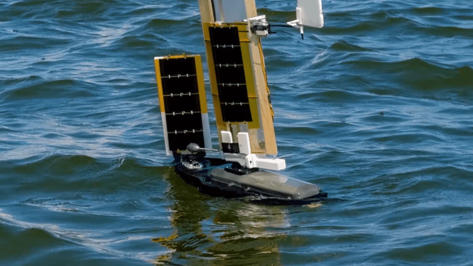 Sailboat drone prototype flying above waves