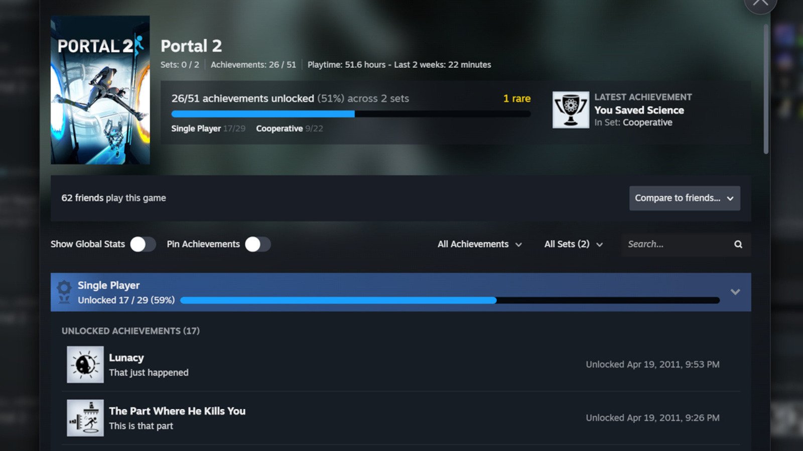 Steam Achievement Sets interface on screen